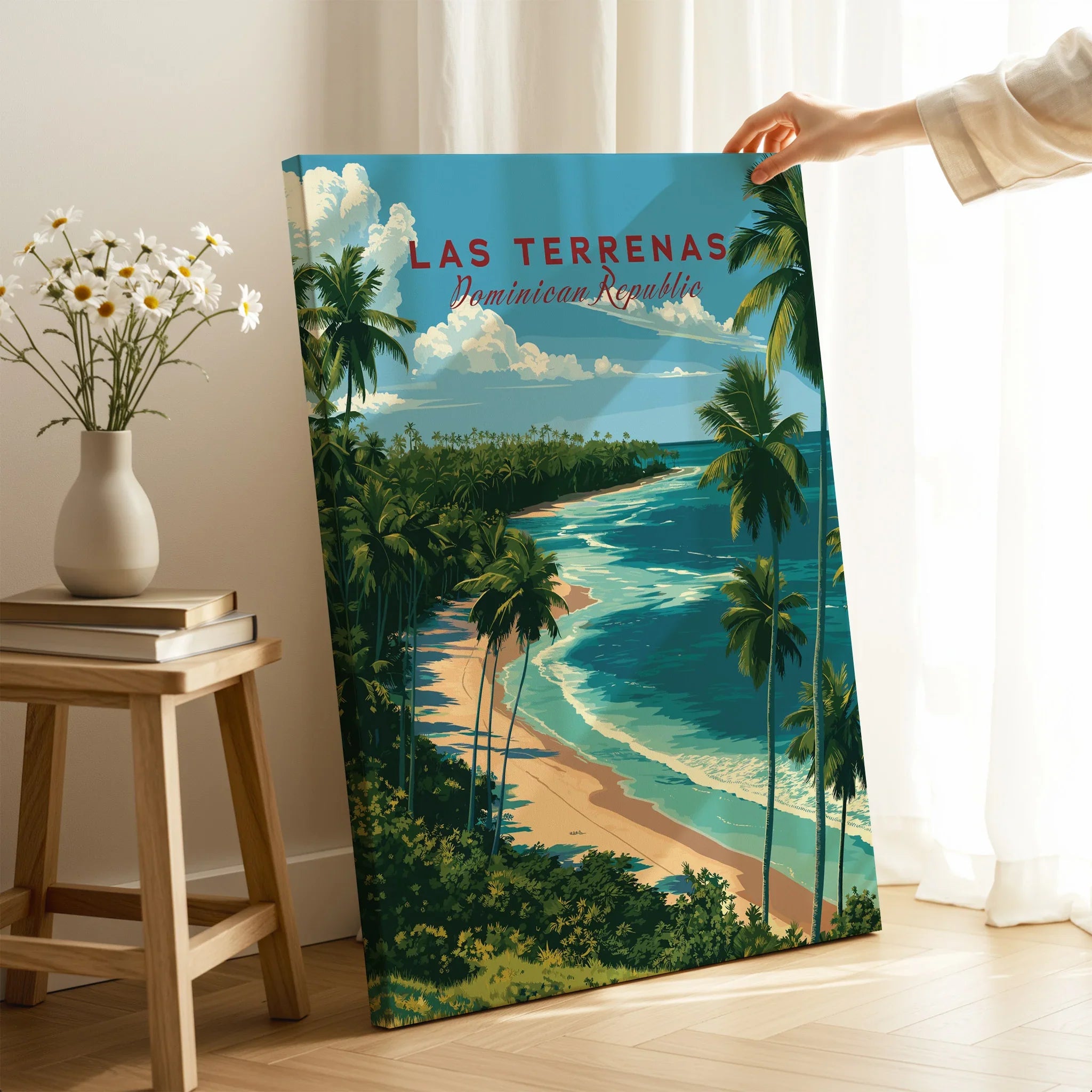 Las Terrenas Dominican Republic travel poster with palm trees, beach, and ocean, ideal for home wall art decor