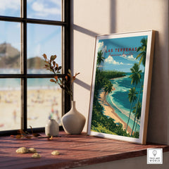 Las Terrenas Dominican Republic travel poster with palm trees, beach, and ocean, perfect for home wall art decor.