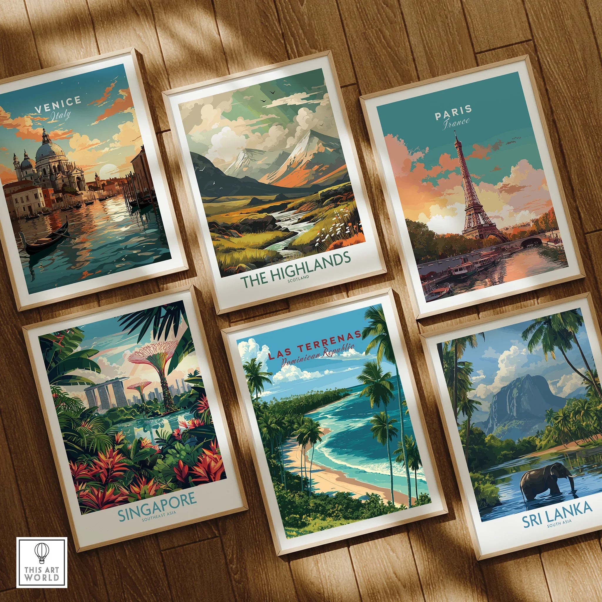 Framed travel posters of Venice, Paris, Singapore, Sri Lanka, Las Terrenas & The Highlands for wall art decor