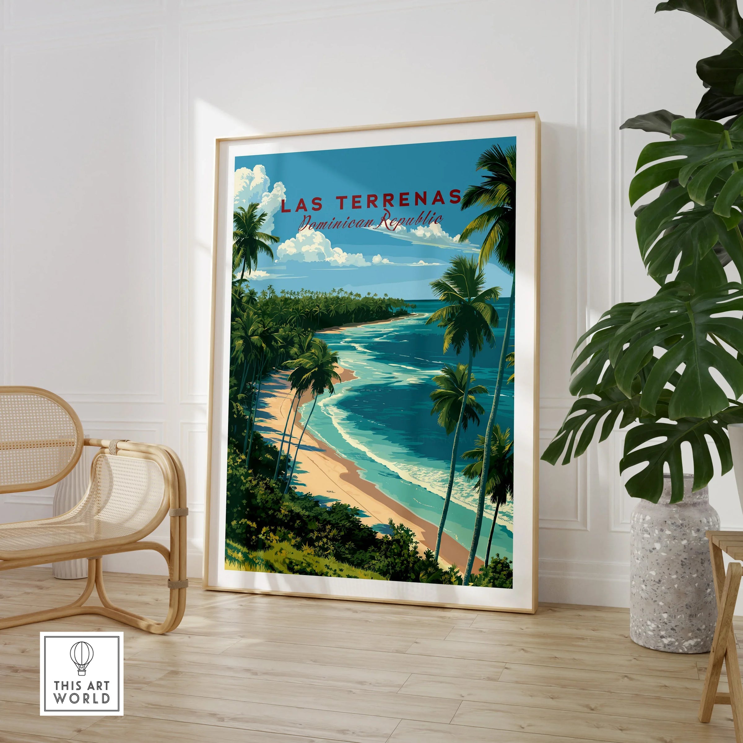 Las Terrenas Dominican Republic travel poster with palm trees, beach, and ocean, framed wall art for home decor