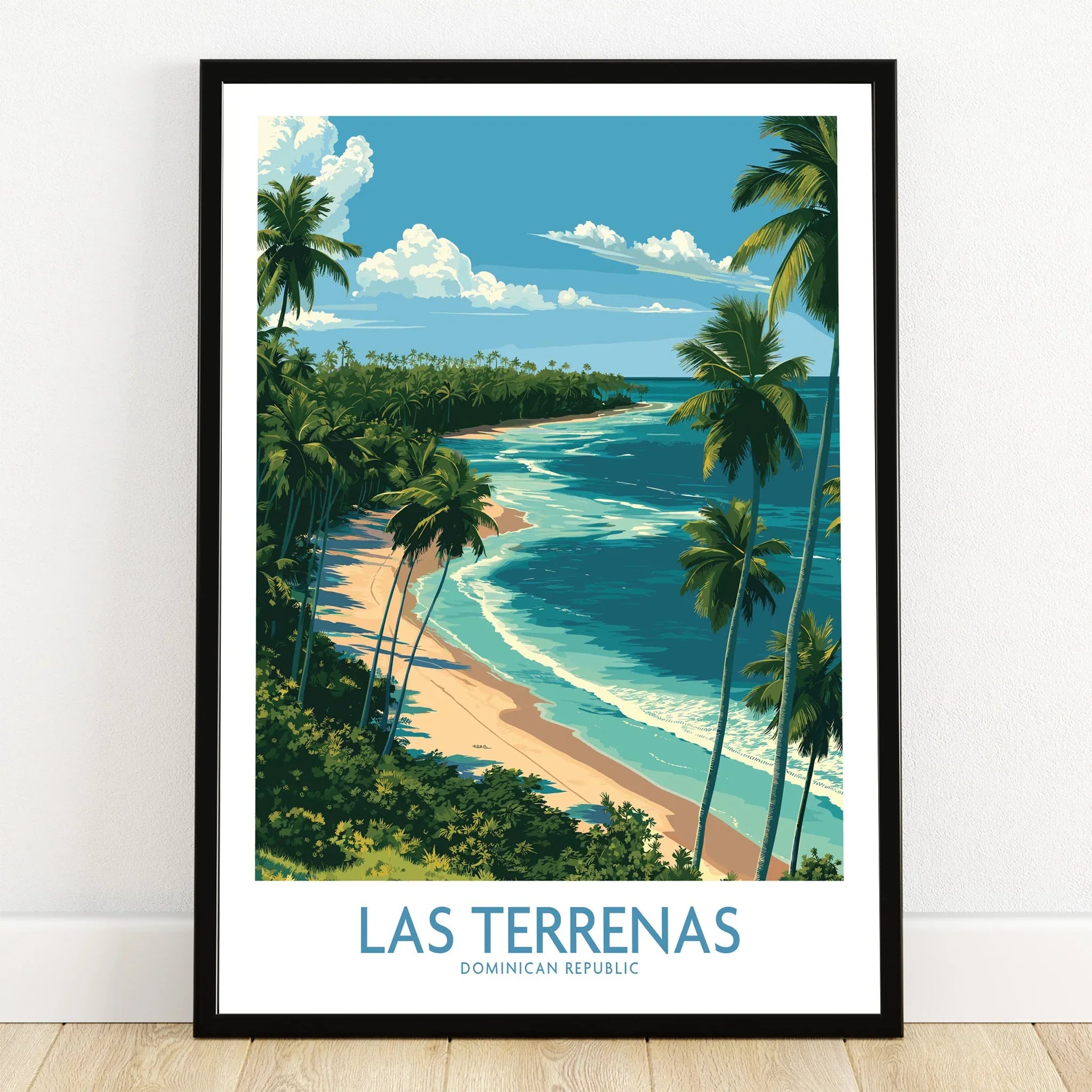 Las Terrenas beach travel poster with palm trees, turquoise ocean, and tropical scenery for wall art decor