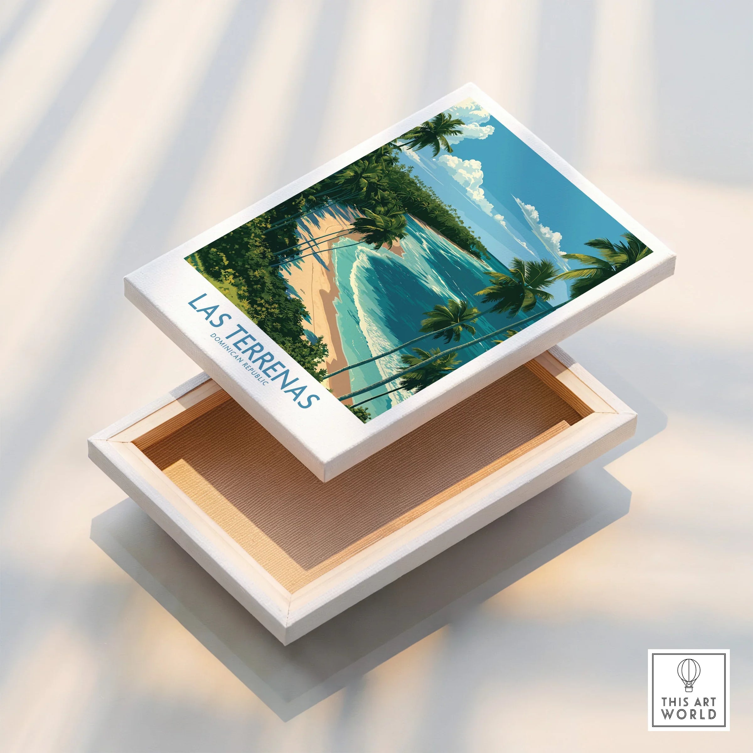 Las Terrenas Dominican Republic travel poster with tropical beach and palm trees