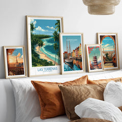 Framed travel posters of Paris, Las Terrenas, Copenhagen, Tokyo, and Barcelona for home wall art decor