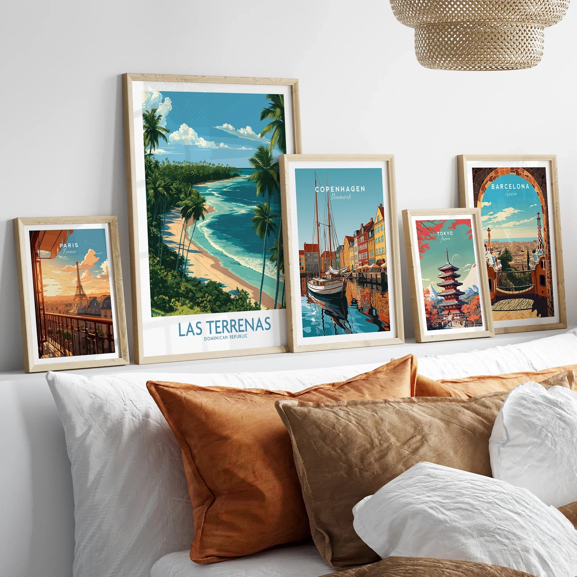 Framed travel posters of Paris, Las Terrenas, Copenhagen, Tokyo, and Barcelona for home wall art decor