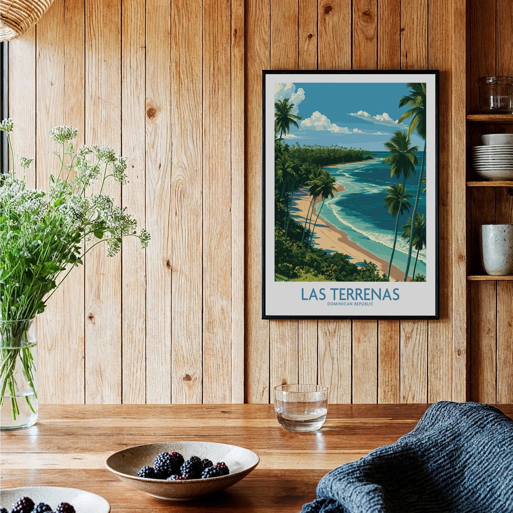 Las Terrenas travel poster, Dominican Republic beach art with palm trees, perfect for tropical wall decor