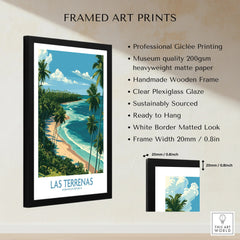 Framed Las Terrenas travel poster with palm trees, beach, and ocean, perfect for tropical wall art decor.