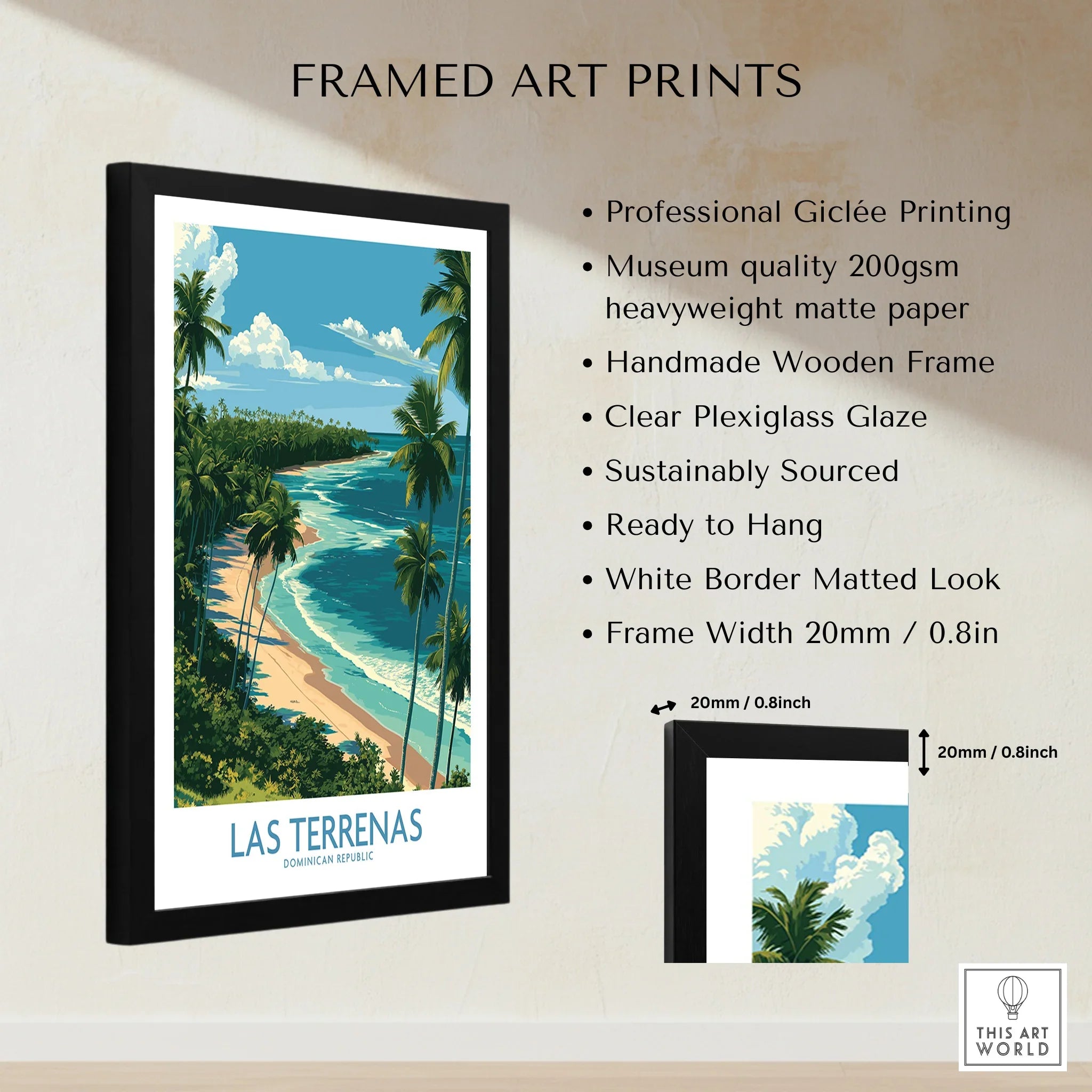 Framed Las Terrenas travel poster with palm trees, beach, and ocean, perfect for tropical wall art decor.