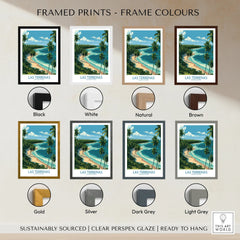 Las Terrenas travel poster in 8 frame colors: black, white, natural, brown, gold, silver, dark grey, light grey