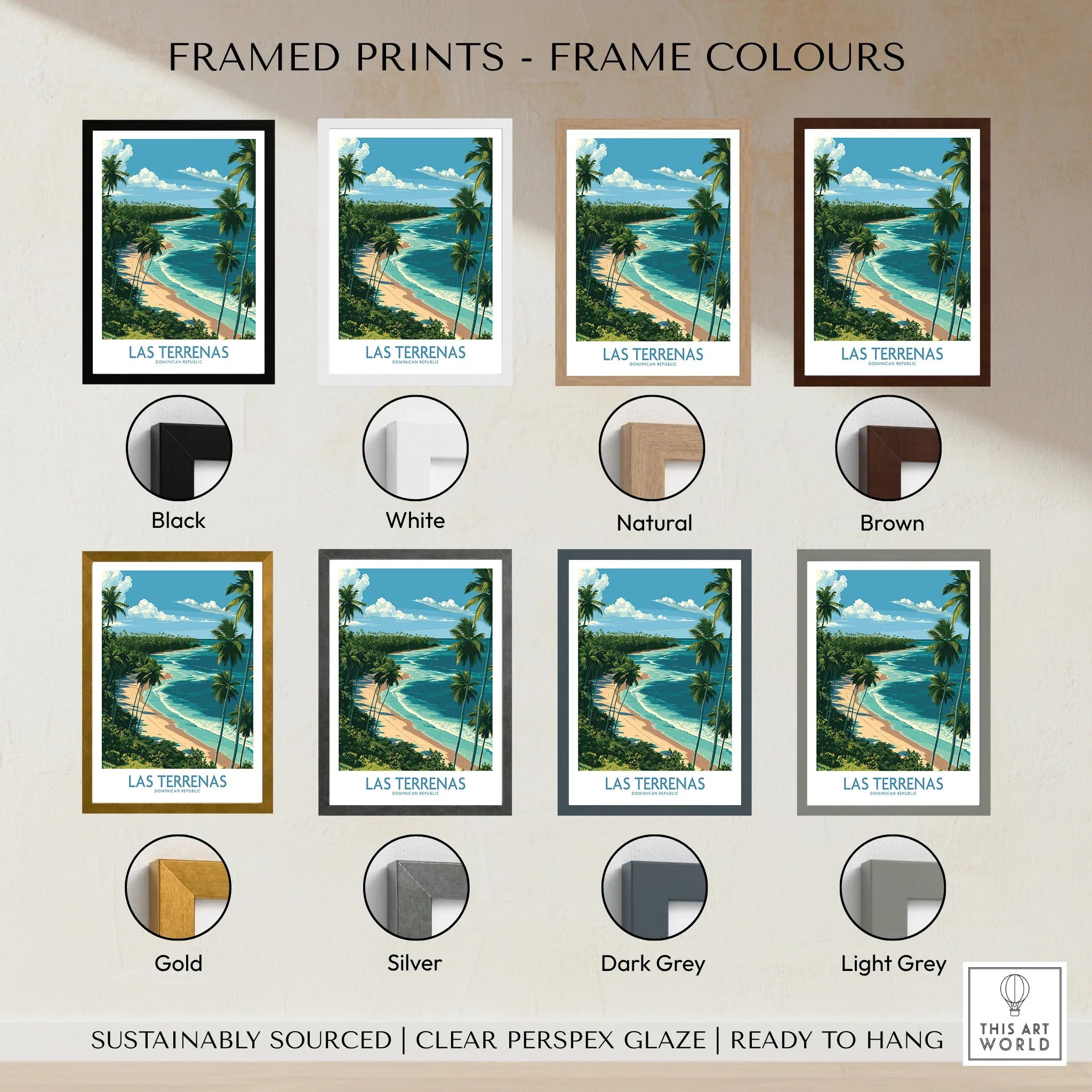 Las Terrenas travel poster in 8 frame colors: black, white, natural, brown, gold, silver, dark grey, light grey
