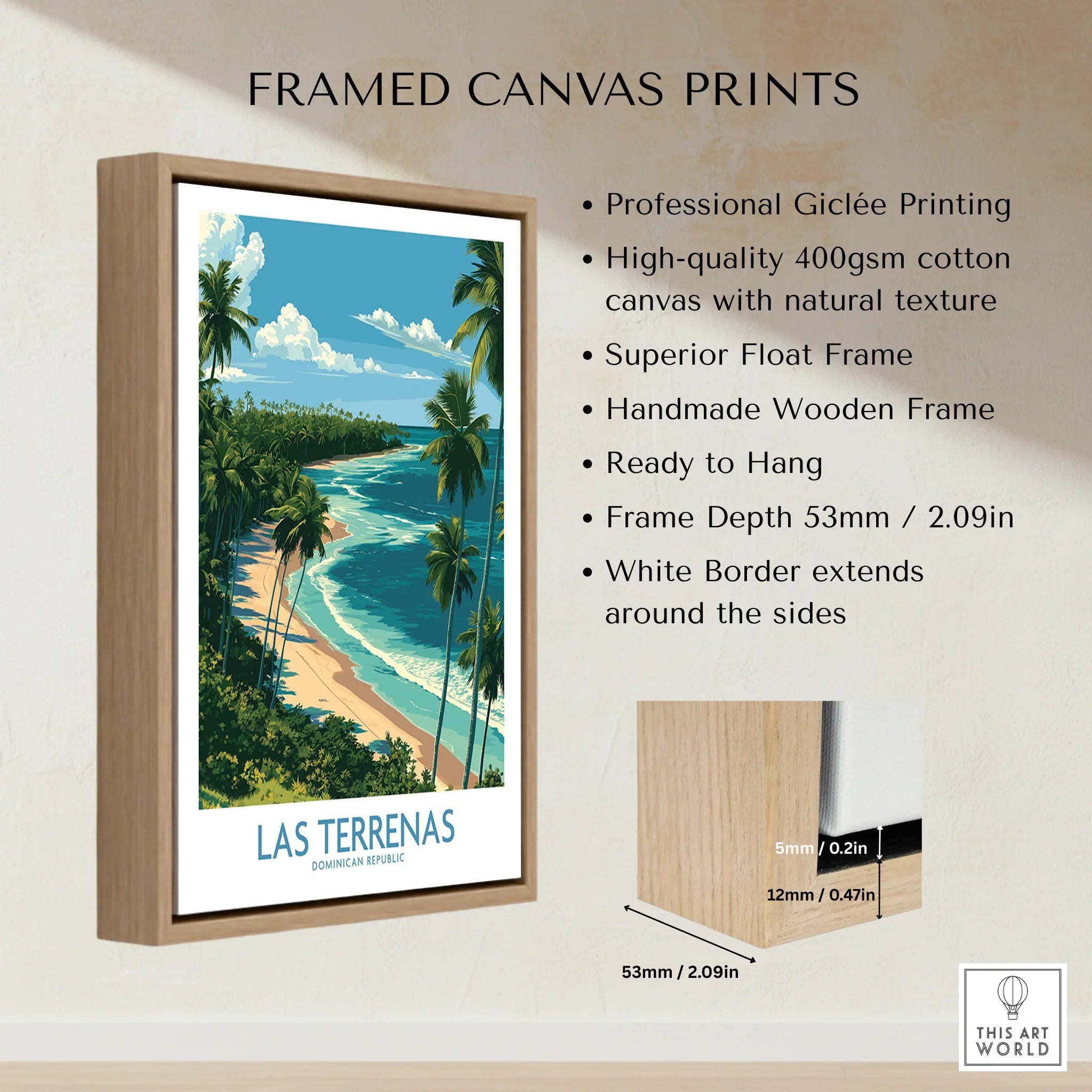 Framed Las Terrenas travel poster print with palm trees, beach, and ocean, perfect for wall art decor