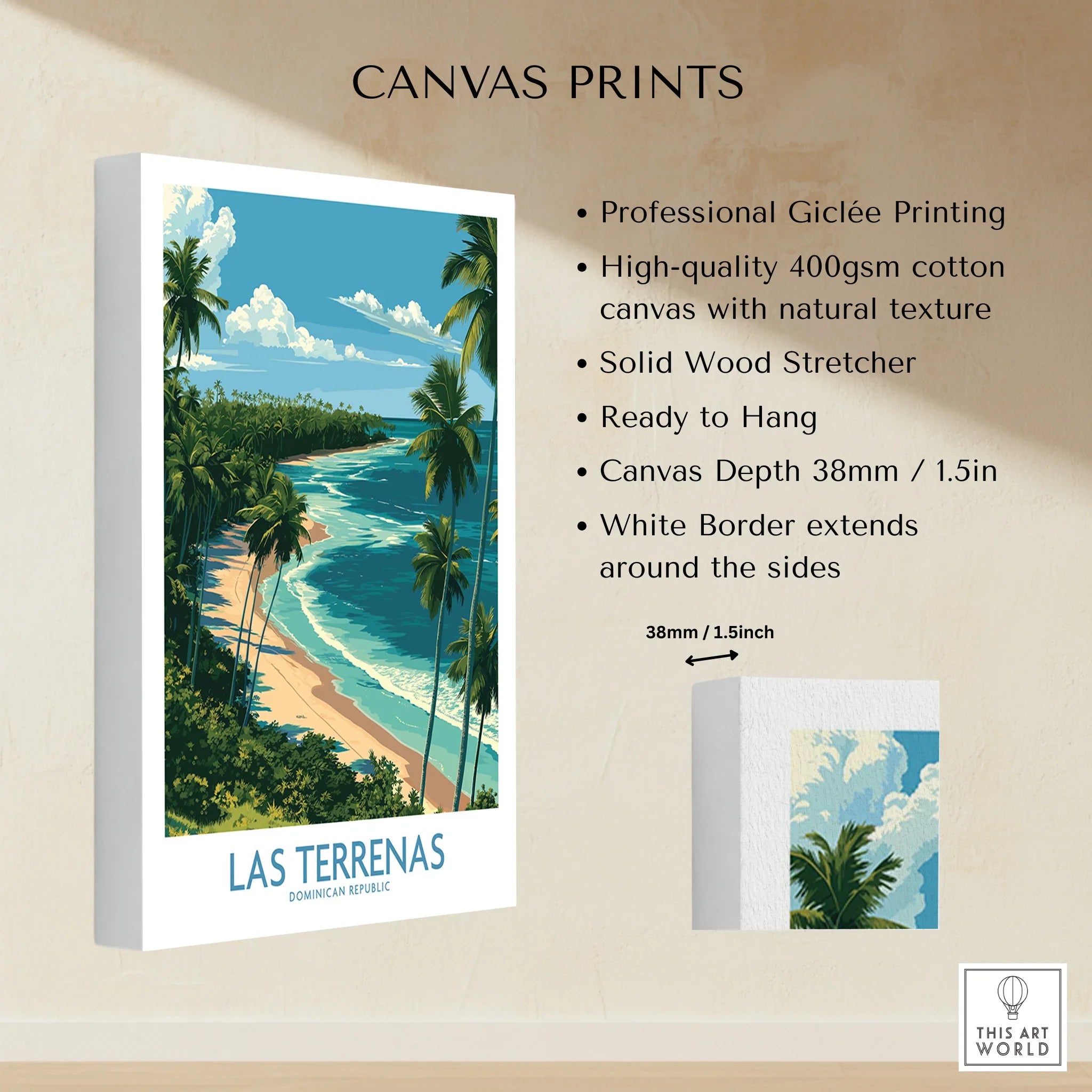Las Terrenas Dominican Republic travel poster canvas print with palm trees, beach, and ocean view