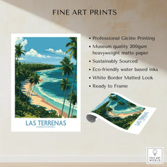 Las Terrenas Dominican Republic travel poster with palm trees, beach, and ocean, fine art print ready to frame