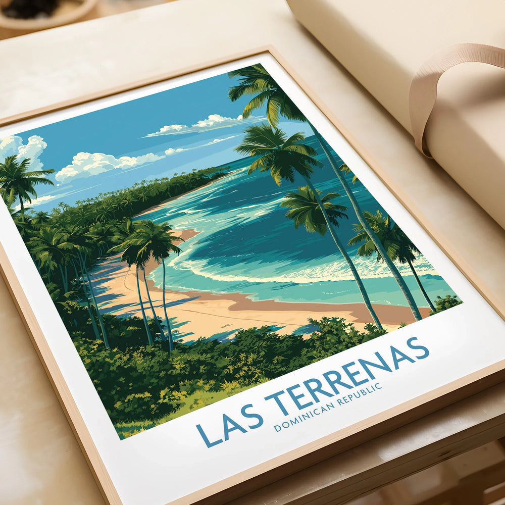 Las Terrenas beach travel poster, Dominican Republic, tropical palm trees, ocean waves, framed wall art