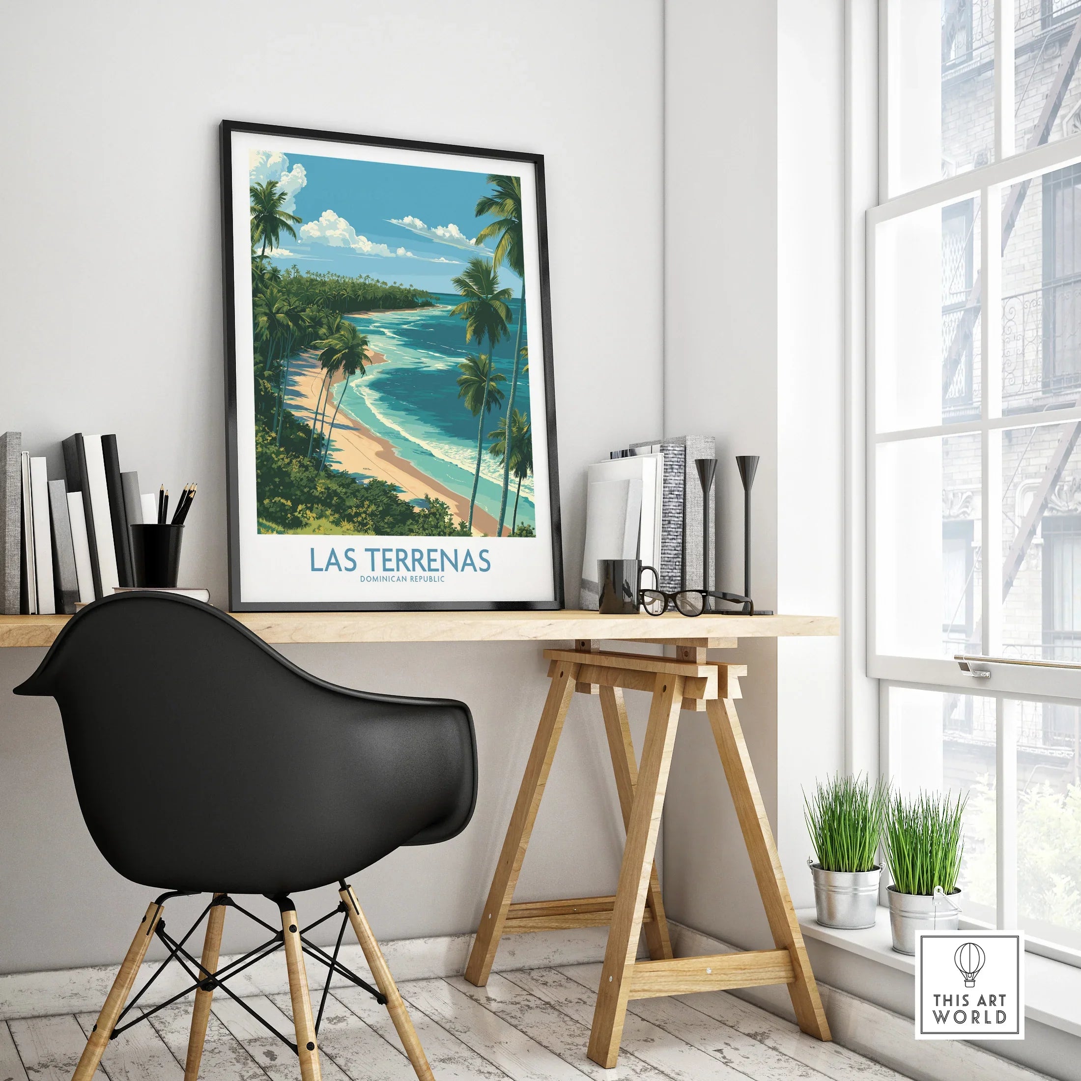 Las Terrenas Dominican Republic travel poster with palm trees and beach, framed wall art for home decor