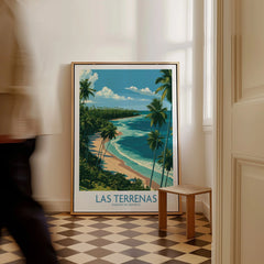 Las Terrenas Dominican Republic travel poster with palm trees, beach, and ocean, framed wall art for home decor