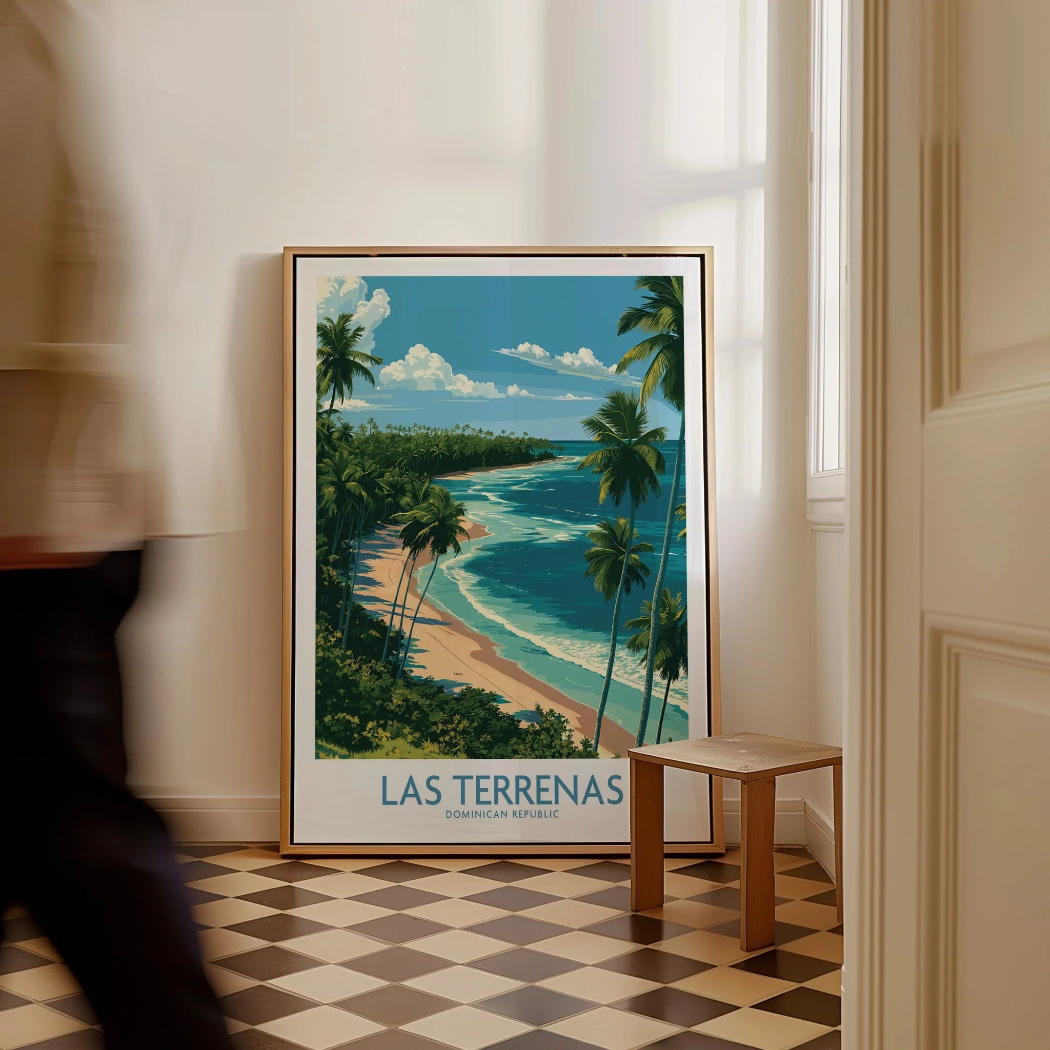 Las Terrenas Dominican Republic travel poster with palm trees, beach, and ocean, framed wall art for home decor