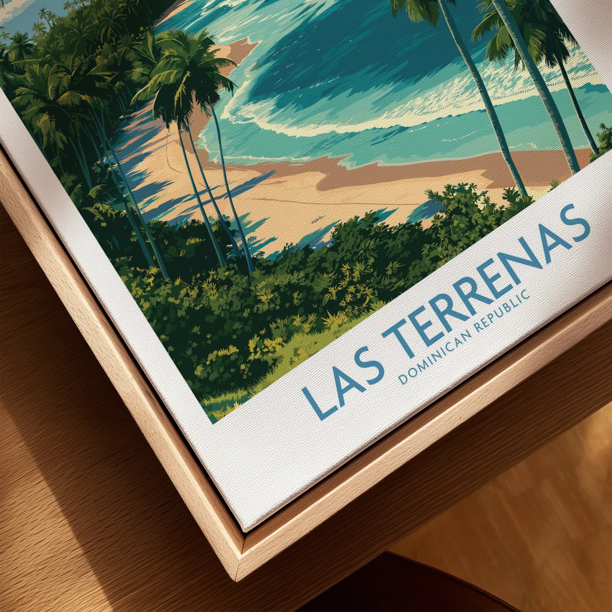 Las Terrenas Dominican Republic travel poster with palm trees, beach, and ocean, perfect wall art for home decor