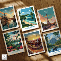 Framed travel posters of Venice, Paris, Singapore, Barcelona, Sri Lanka & Las Terrenas for wall art decor