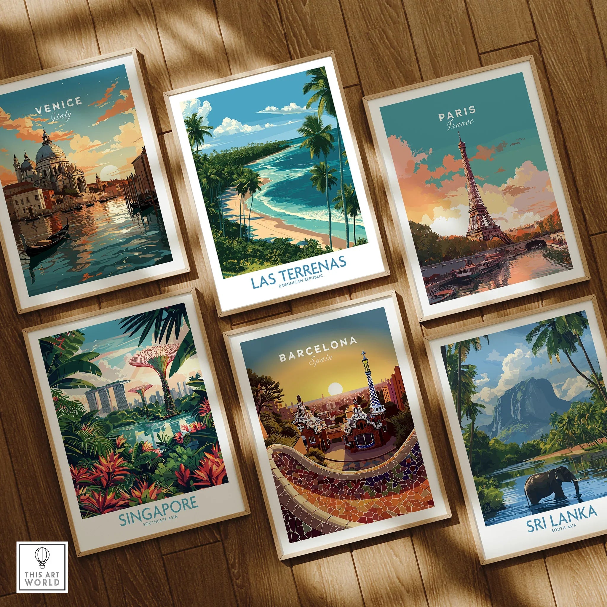 Framed travel posters of Venice, Paris, Singapore, Barcelona, Sri Lanka & Las Terrenas for wall art decor