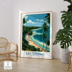 Las Terrenas travel poster, Dominican Republic beach art with palm trees, perfect for tropical home decor