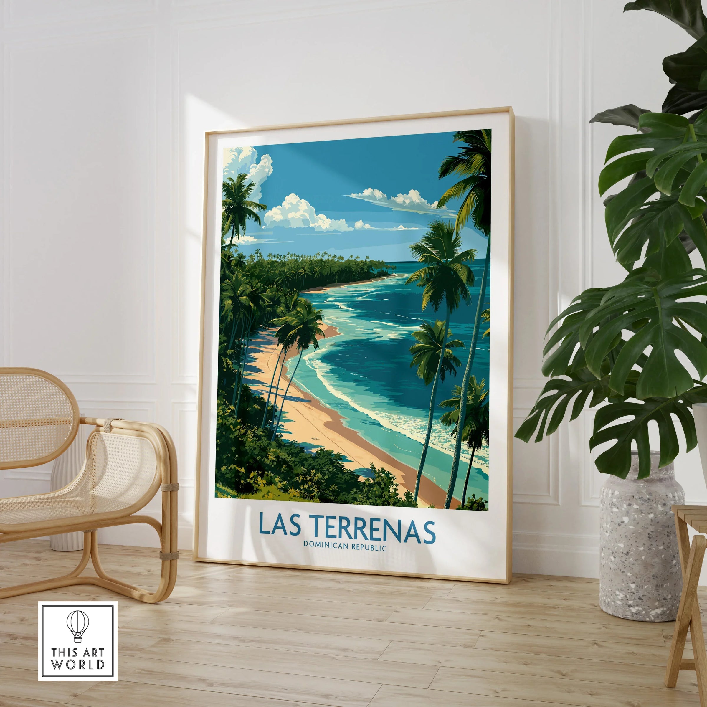 Las Terrenas travel poster, Dominican Republic beach art with palm trees, perfect for tropical home decor