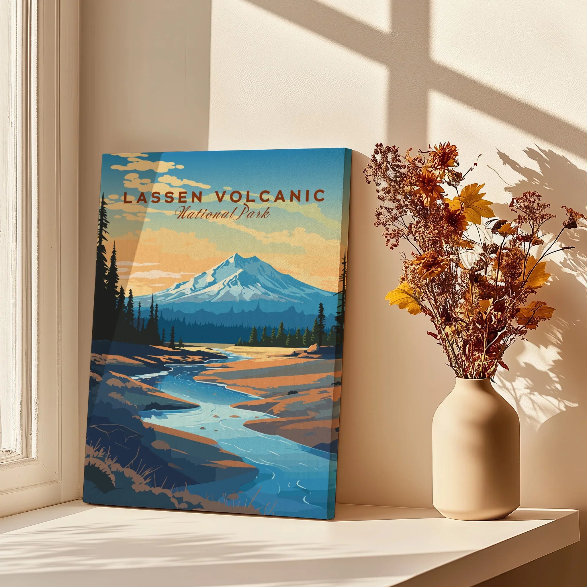 Lassen Volcanic National Park canvas print on windowsill, next to vase with dried flowers