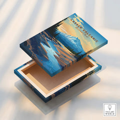Lassen Volcanic National Park art print on a decorative storage box lid with mountain scenery.