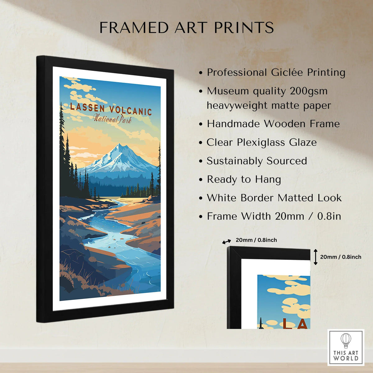 Framed Lassen Volcanic National Park print with mountain, forest, and river, black wooden frame, wall art details