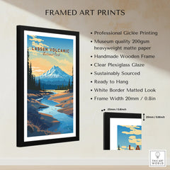 Framed Lassen Volcanic National Park print with mountain, forest, and river, black wooden frame, wall art details