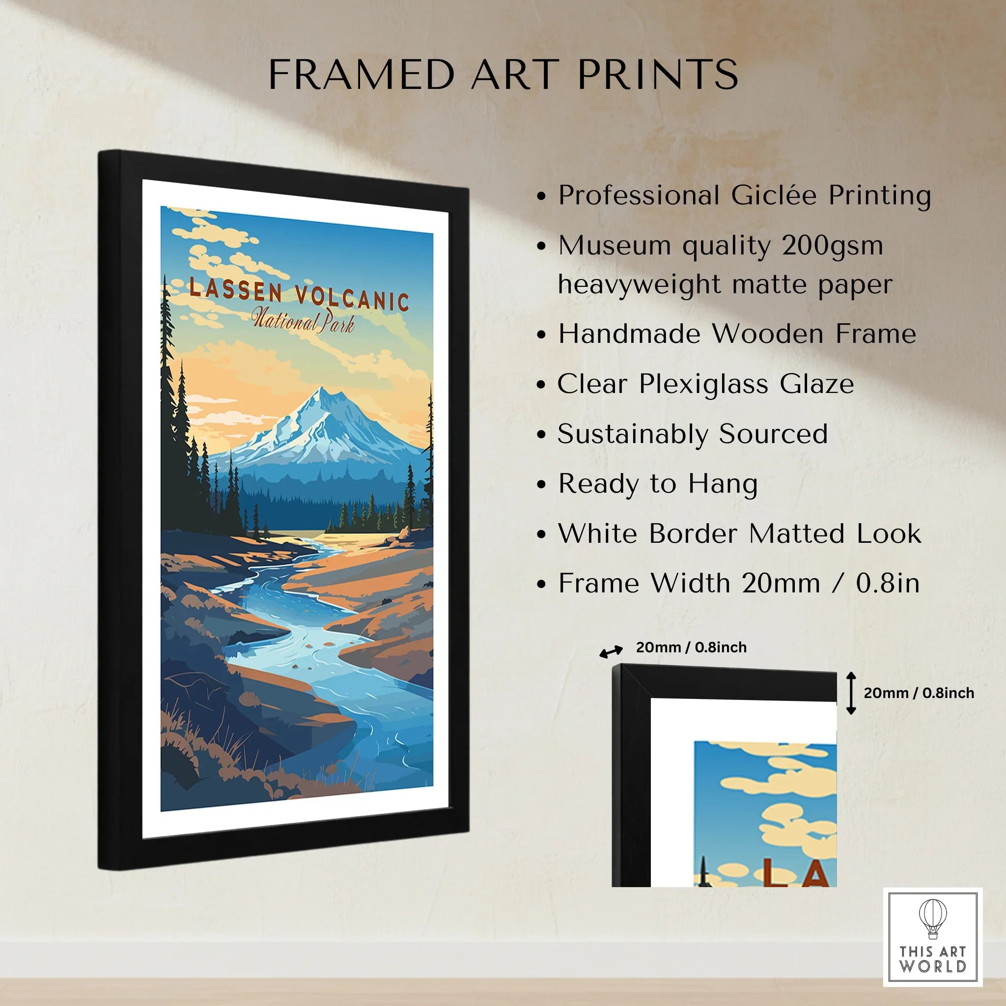 Framed Lassen Volcanic National Park print with mountain, forest, and river, black wooden frame, wall art details