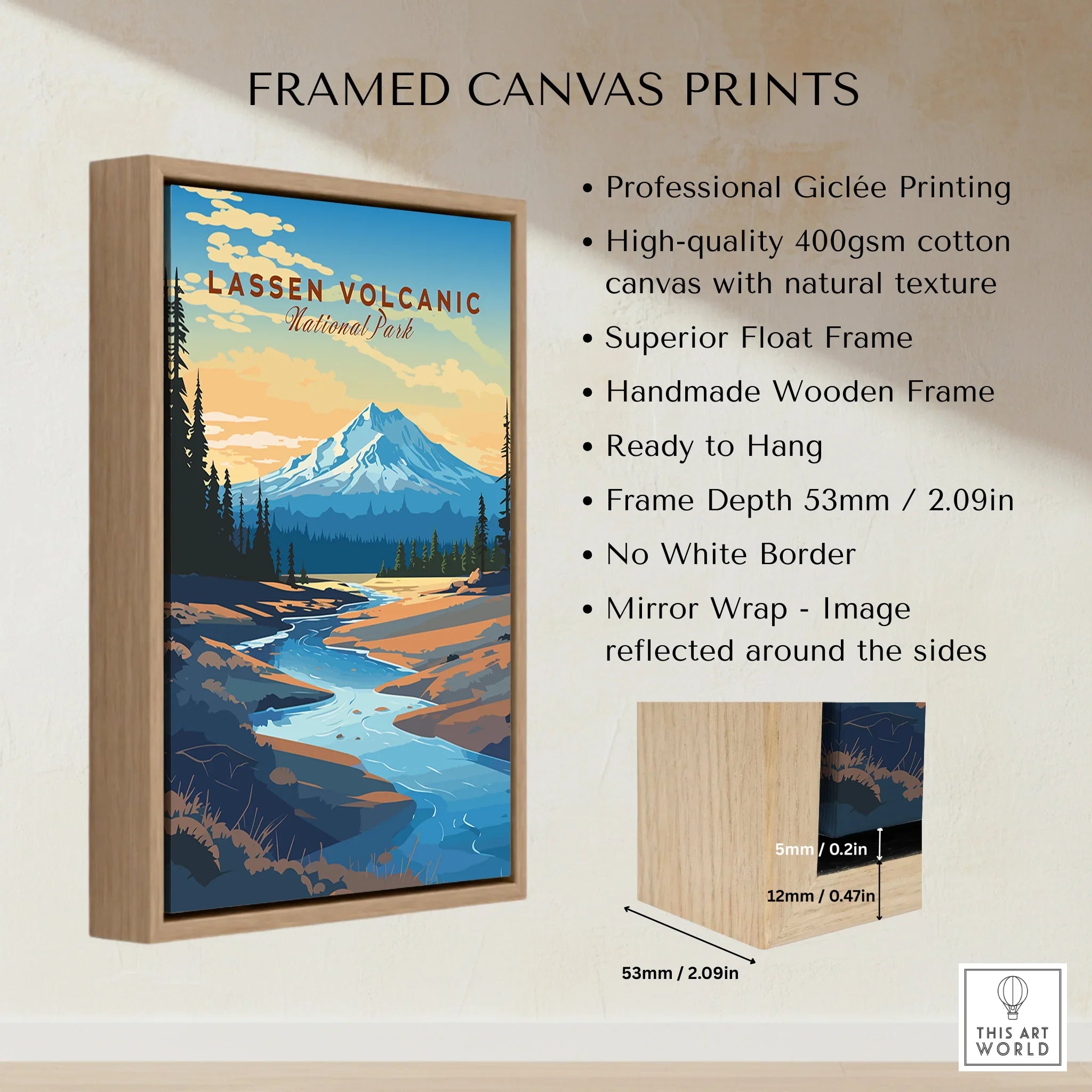 Lassen Volcanic National Park framed canvas print with mountain landscape and float frame details