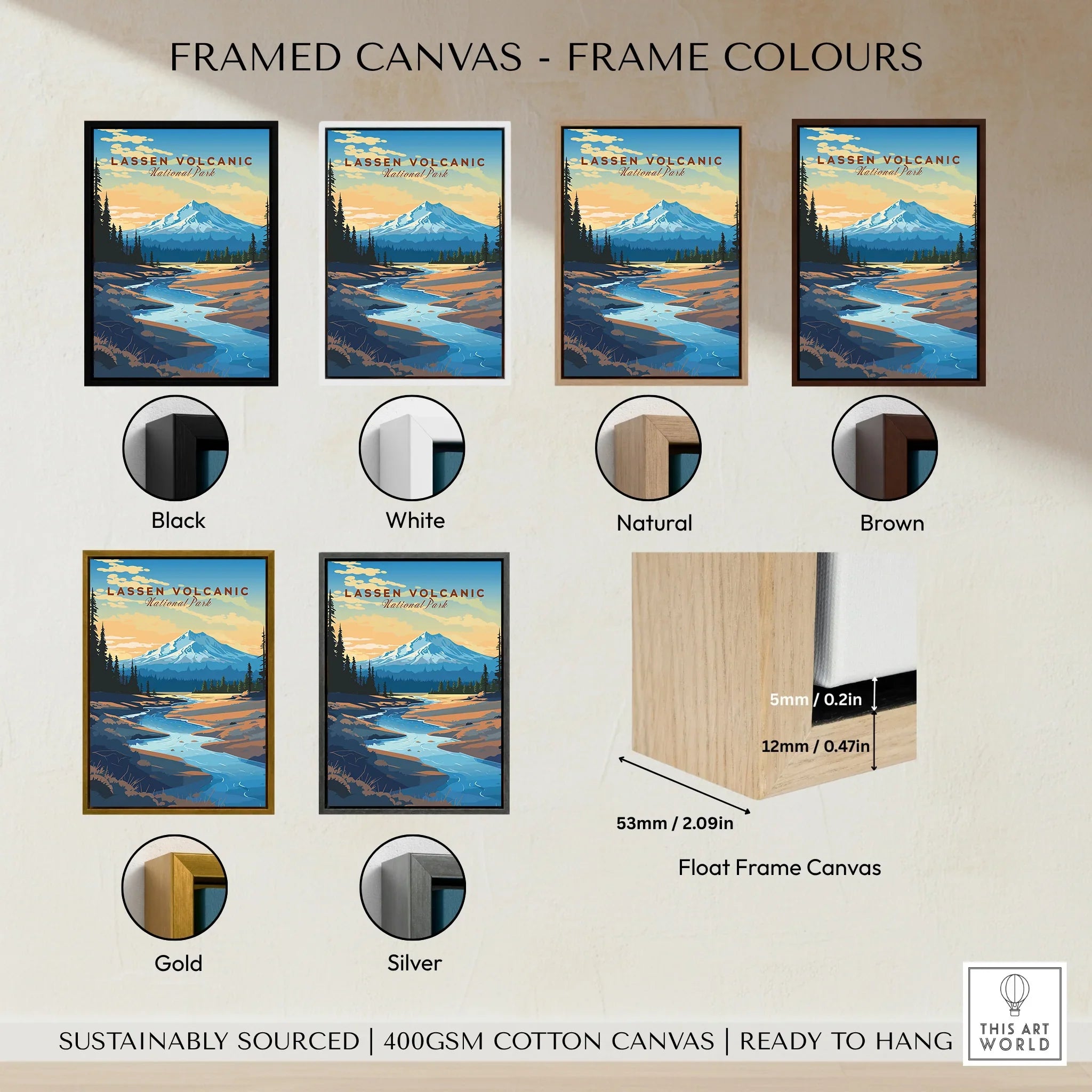 Lassen Volcanic National Park framed wall art with six frame color options: black, white, natural, brown, gold, and silver.