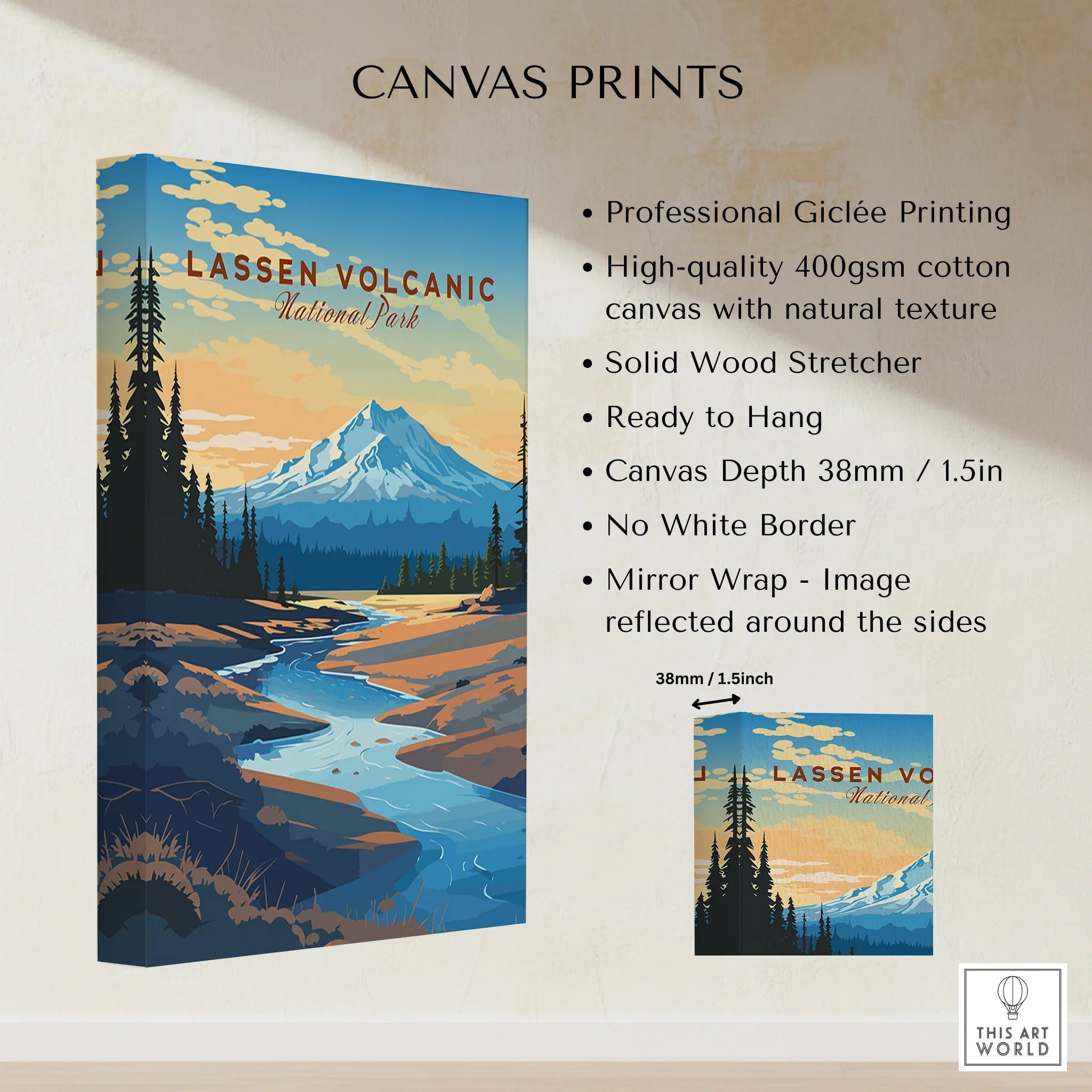 Lassen Volcanic National Park canvas print with mountain, river, and pine trees wall art