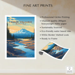 Lassen Volcanic National Park art print with snowy mountain, river, and pine trees, unframed.