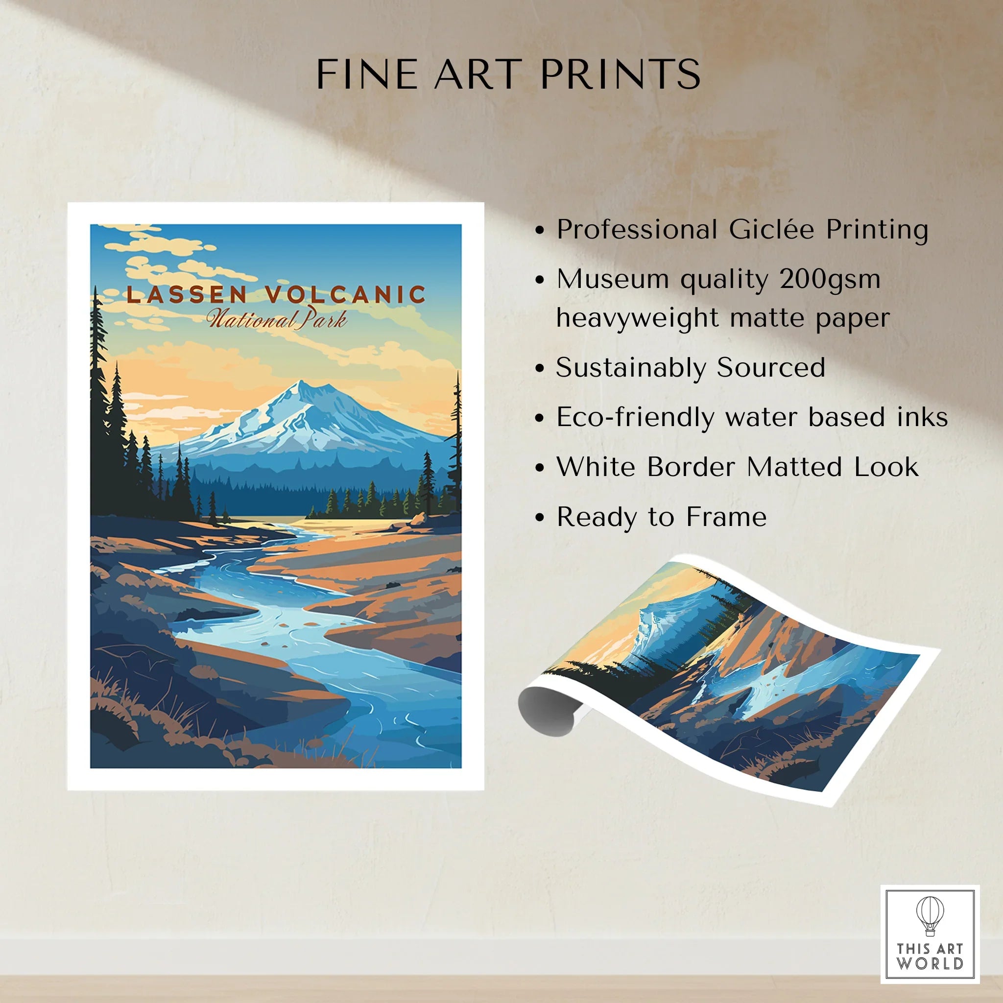Lassen Volcanic National Park art print with snowy mountain, river, and pine trees, unframed.