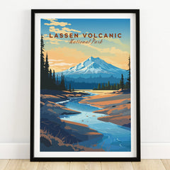 Lassen Volcanic National Park art print with mountain, river, and pine trees in black frame