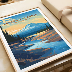 Lassen Volcanic National Park art print in natural wood frame, mountain landscape poster