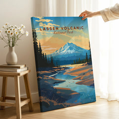 Lassen Volcanic National Park canvas print with mountain landscape, hand holding, in home decor setting