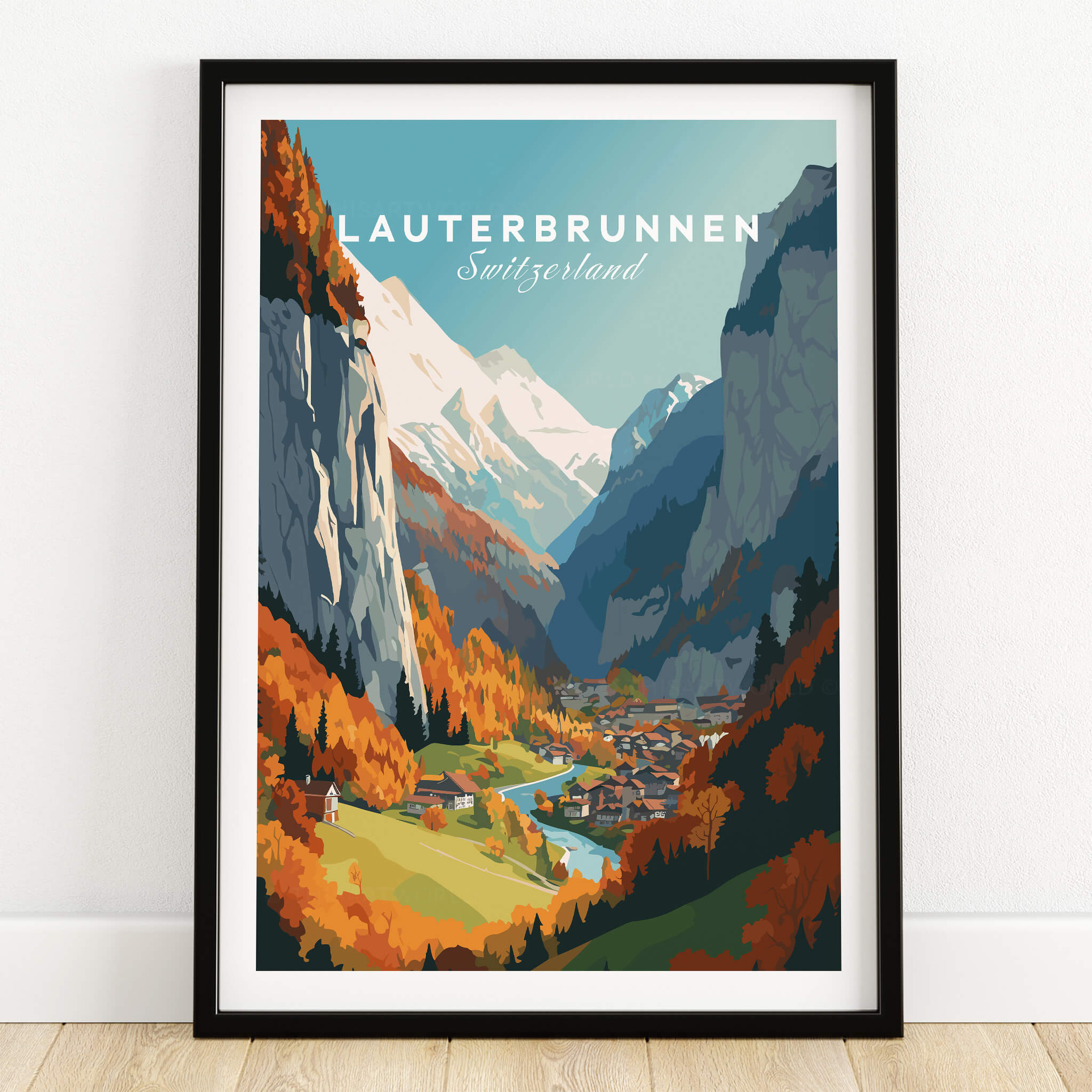 Lauterbrunnen Poster Print featuring the stunning Swiss Alps and vibrant autumn colors in a framed artwork.