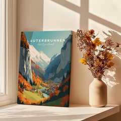 Lauterbrunnen Poster Print showcasing the Swiss Alps in autumn colors near a window.