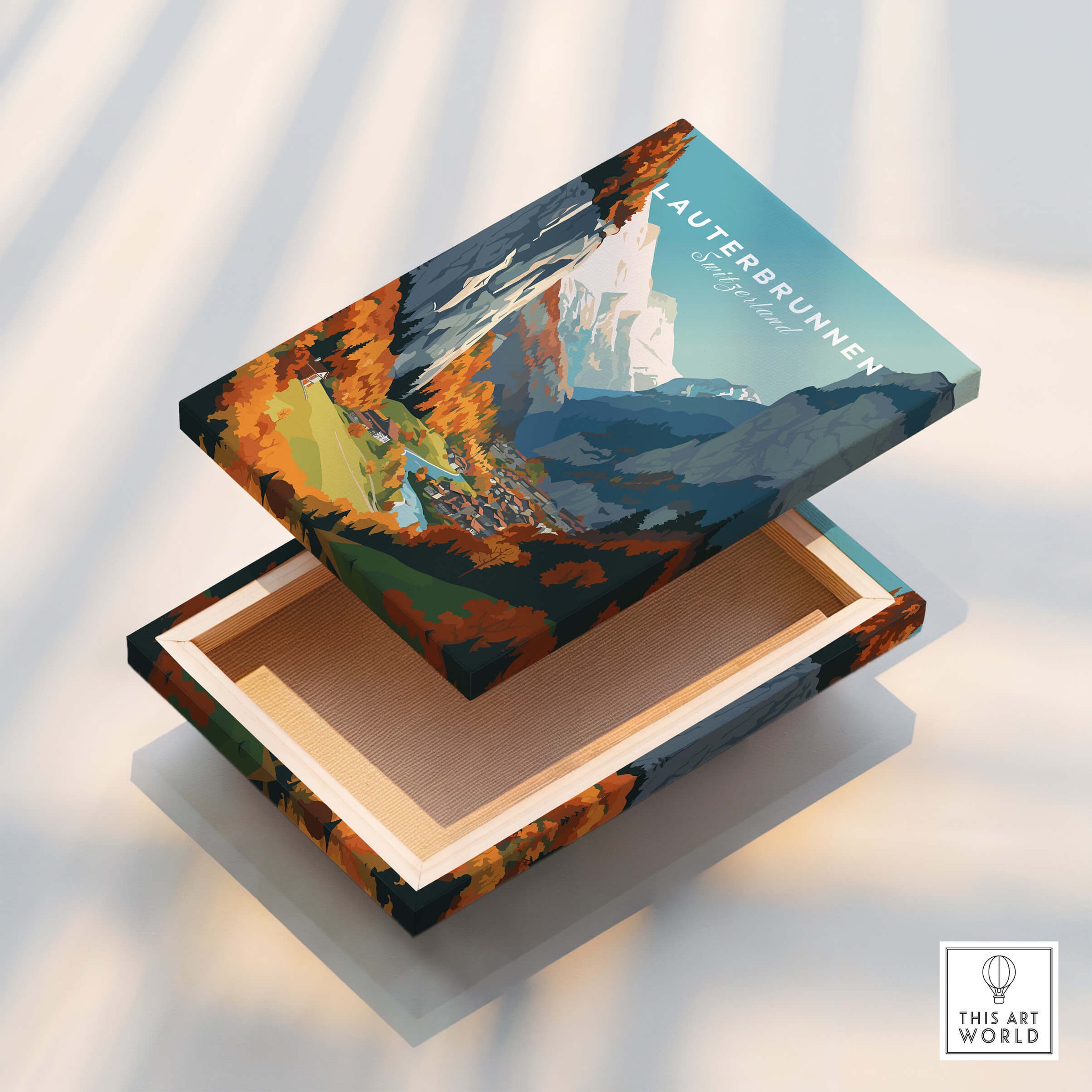 Lauterbrunnen Poster Print on a beautifully designed box showcasing the Swiss Alps.