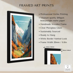 Lauterbrunnen Poster Print framed art showcasing the Swiss Alps with clear plexiglass, ready to hang.