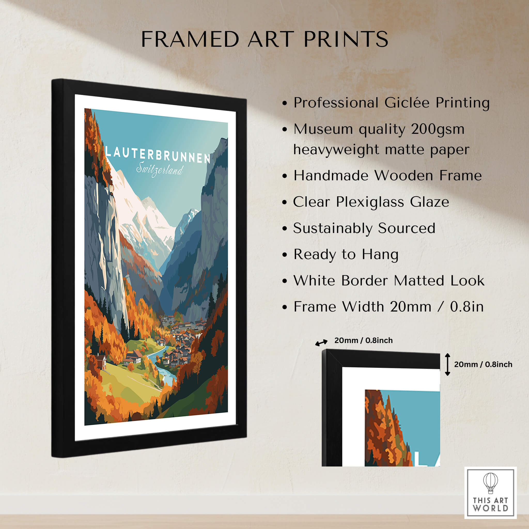 Lauterbrunnen Poster Print framed art showcasing the Swiss Alps with clear plexiglass, ready to hang.