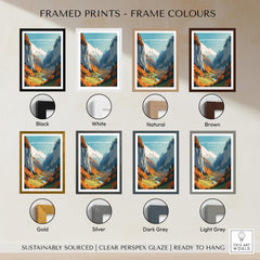 Lauterbrunnen Poster Print displayed in various frame colors including black, white, natural, brown, gold, silver, dark grey, and light grey.
