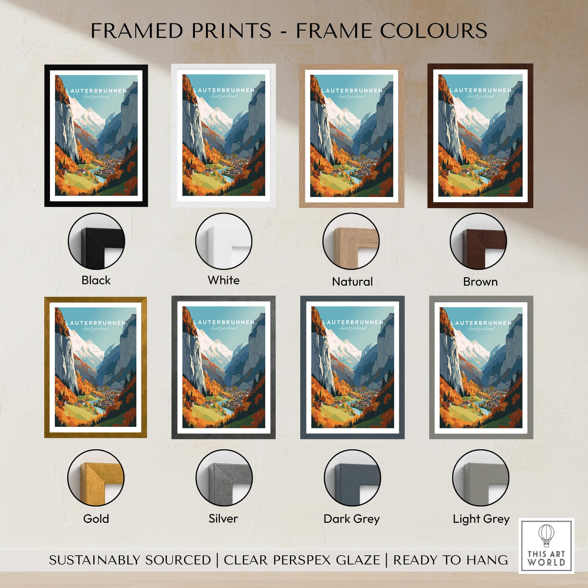 Lauterbrunnen Poster Print displayed in various frame colors including black, white, natural, brown, gold, silver, dark grey, and light grey.