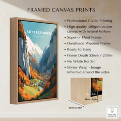 Lauterbrunnen Poster Print framed canvas with mountains and colorful village, showcasing Swiss Alps beauty.