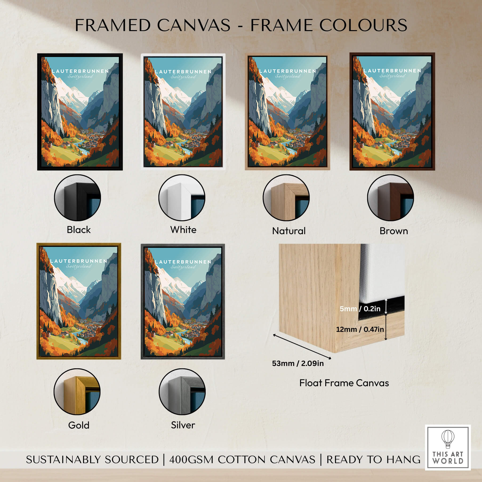 Lauterbrunnen Poster Print with various frame colors including black, white, natural, brown, gold, and silver.