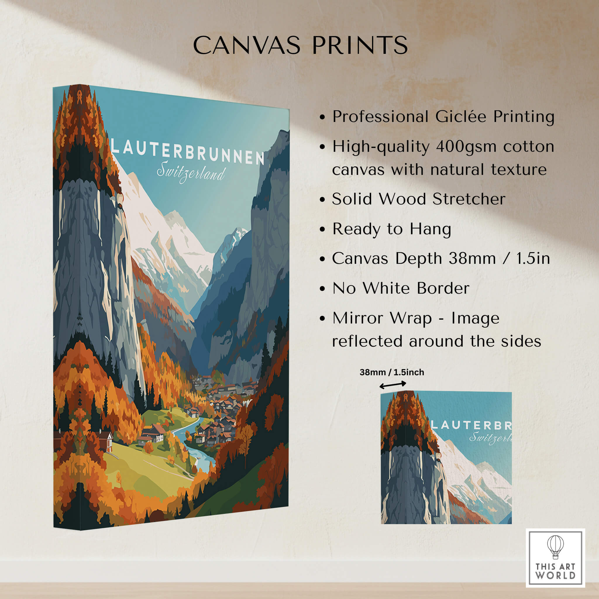 Lauterbrunnen Poster Print showcasing stunning Swiss Alps with professional Giclée printing and natural texture.