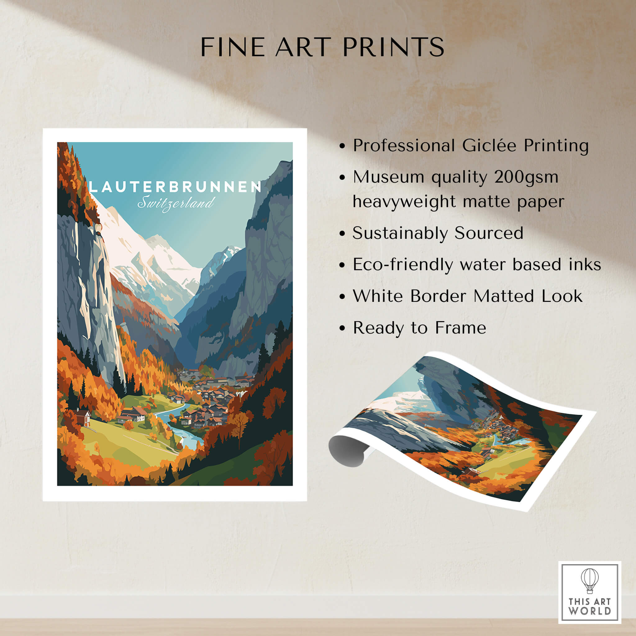Lauterbrunnen Poster Print featuring stunning Swiss Alps landscape, professional Giclée printing, ready to frame.