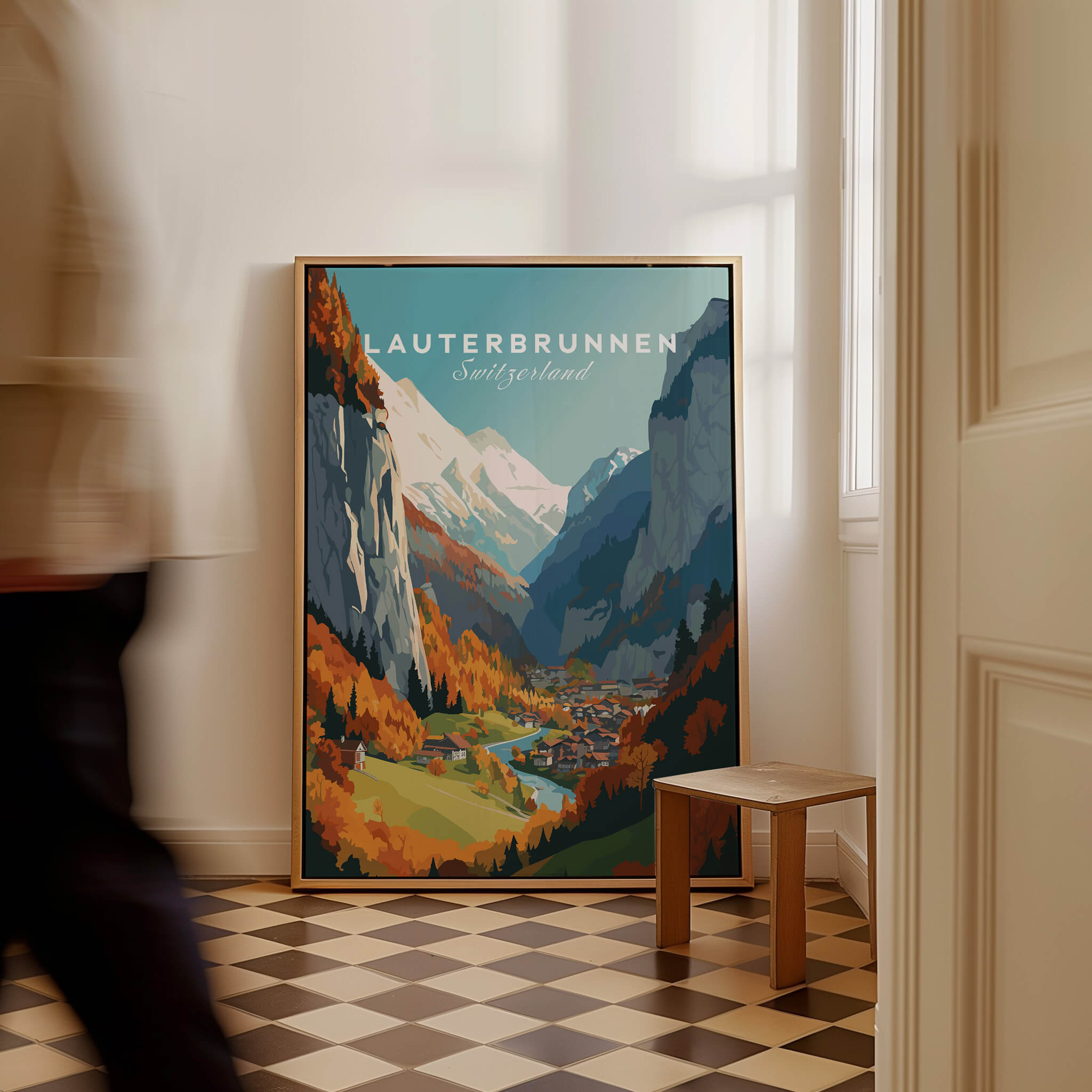 Lauterbrunnen Poster Print showcasing the Swiss Alps in a stylish interior setting.